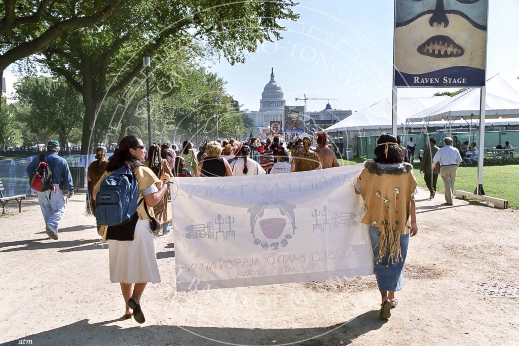 Women photographed from behind in a mix of traditional and modern attire march toward U.S. Capitol building with a banner showing Tribal seal and name (barely legible as reversed image showing through back of banner)