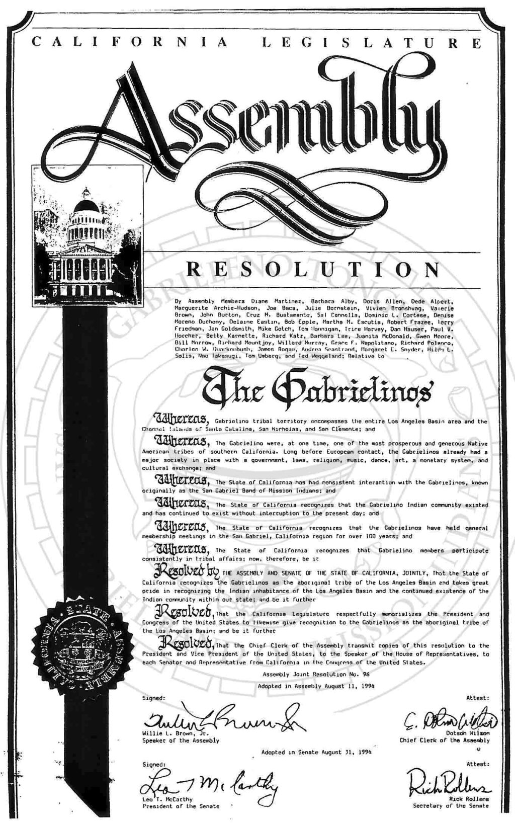 Facsimile of California State Assembly Resolution