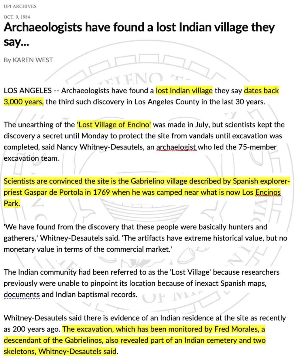 Text of article from UPI Archives dated October 9, 1984, titled "Archeologists have discovered a lost Indian village..." Text details how the excavation, monitored by Gabrielino descendant Fred Morales, uncovered a 3,000 year old site in Encino.