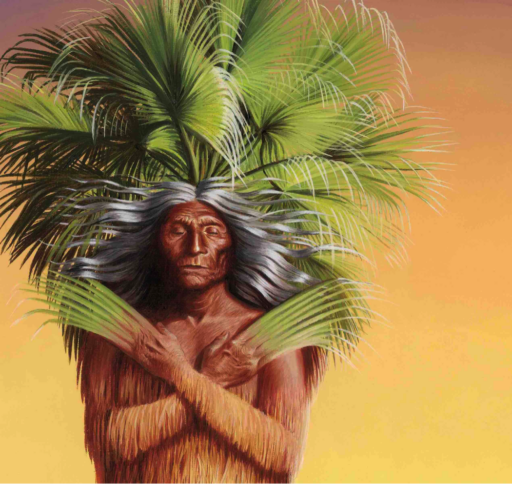 Color illustration of half-man half-palm being with fronds growing out of his hands and head