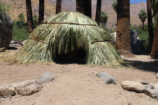 Dome-shaped dwelling made of palm fronds at end of rock-lined walkway in grove of palm trees