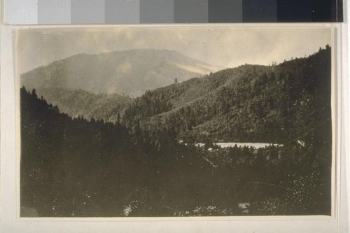 Sepia-toned photograph of a wooded valley with the silhouette of a flat-topped mountain in the background